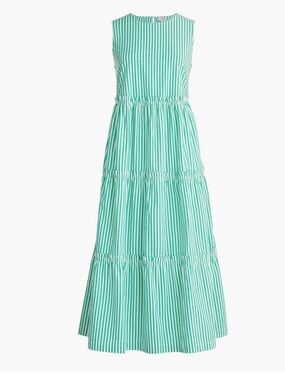 J.Crew Striped Tiered Dress Green White Sleeveless Midi Sz 4 Preppy Modest Grad